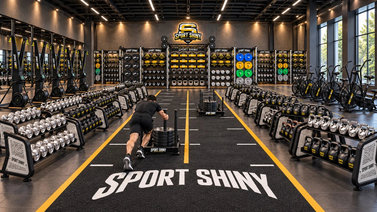 Athlete pushing a sled in a SPORTSHINY training space